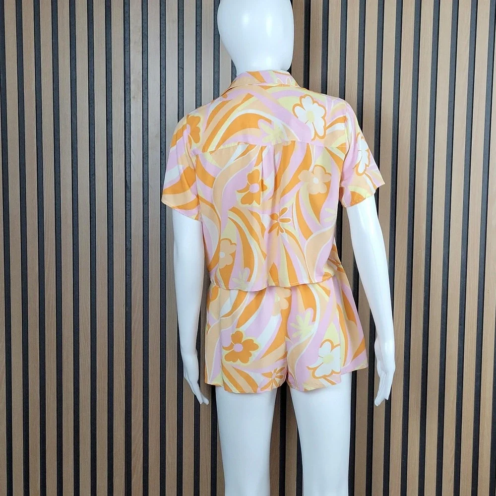 L.I.F.E. Shorts Set Retro Psychedelic Floral Orange Pink Rayon 2pc Medium